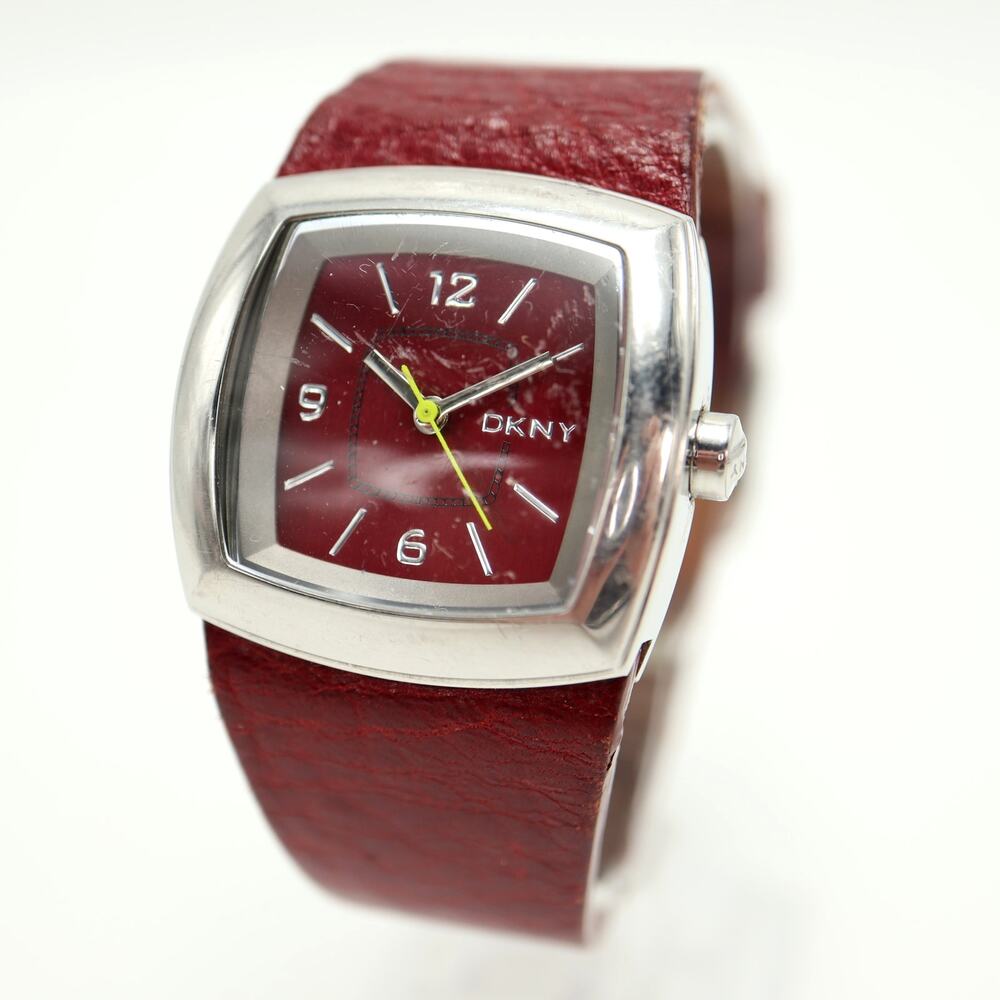DKNY Silver Tone Square Red Womens 31mm Watch Maroon Leather w New Battery